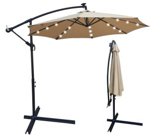 Tan 10 ft Outdoor Patio Umbrella Solar Powered LED Lighted Sun Shade Market Waterproof 8 Ribs Umbrella with Crank and Cross Base for Garden Deck Backy