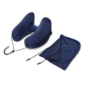 Hooded Travel Pillow H Shaped Inflatable Neck Pillow Folding Lightweight Nap Car Seat Office Airplane Sleeping Cushion Pillows (Option: Navy blue H pillow with cap)