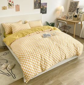 Washed Cotton Bedding 4 Piece Set 1.5m-2.2m Quilt Cover Sheet Pillowcase Plaid Stripes Student Dormitory Adult Child Boys Girls (Color: Checkerboard -Yellow, size: 1.5m bed 4-piece set)