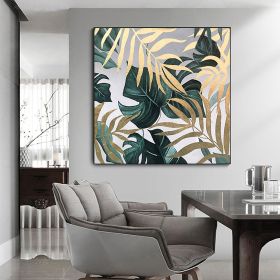 Handmade Oil Painting Gold Foil Oil Painting on Canvas Large Abstract Original Gold Leaf Green Plant Acrylic Oil Painting Modern Luxury Living Room Wa (Style: 1, size: 90x90cm)