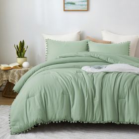 Boho Comforter Set, Boho Bedding set with Pom Poms Fringe Design, 1 Aesthetic Comforter and 2 Pillowshams (Color: Sage Green, size: King)