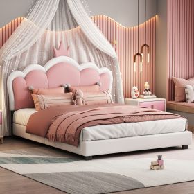 Full size Upholstered Princess Bed With Crown Headboard,Full Size Platform Bed with Headboard and Footboard (Color: White+Pink)