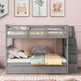 Stairway Full-Over-Full Bunk Bed with Twin size Trundle;  Storage and Guard Rail for Bedroom;  Dorm (Color: Gray)