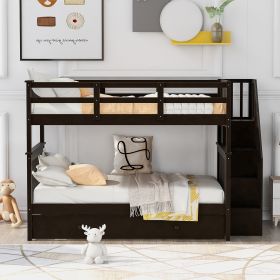 Stairway Full-Over-Full Bunk Bed with Twin size Trundle;  Storage and Guard Rail for Bedroom;  Dorm (Color: Espresso)