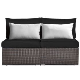 2 Pieces Patio Rattan Armless Sofa Set with 2 Cushions and 2 Pillows (Color: Black)