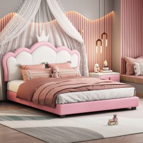 Full size Upholstered Princess Bed With Crown Headboard,Full Size Platform Bed with Headboard and Footboard (Color: Pink+White)